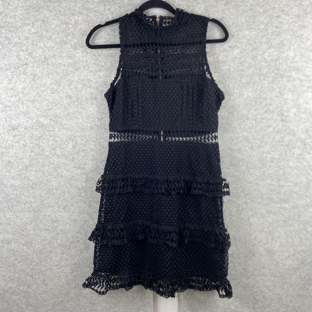 Lulus Dress Womens Large Black Lace High Neck Ruffle Sheath Cocktail Party